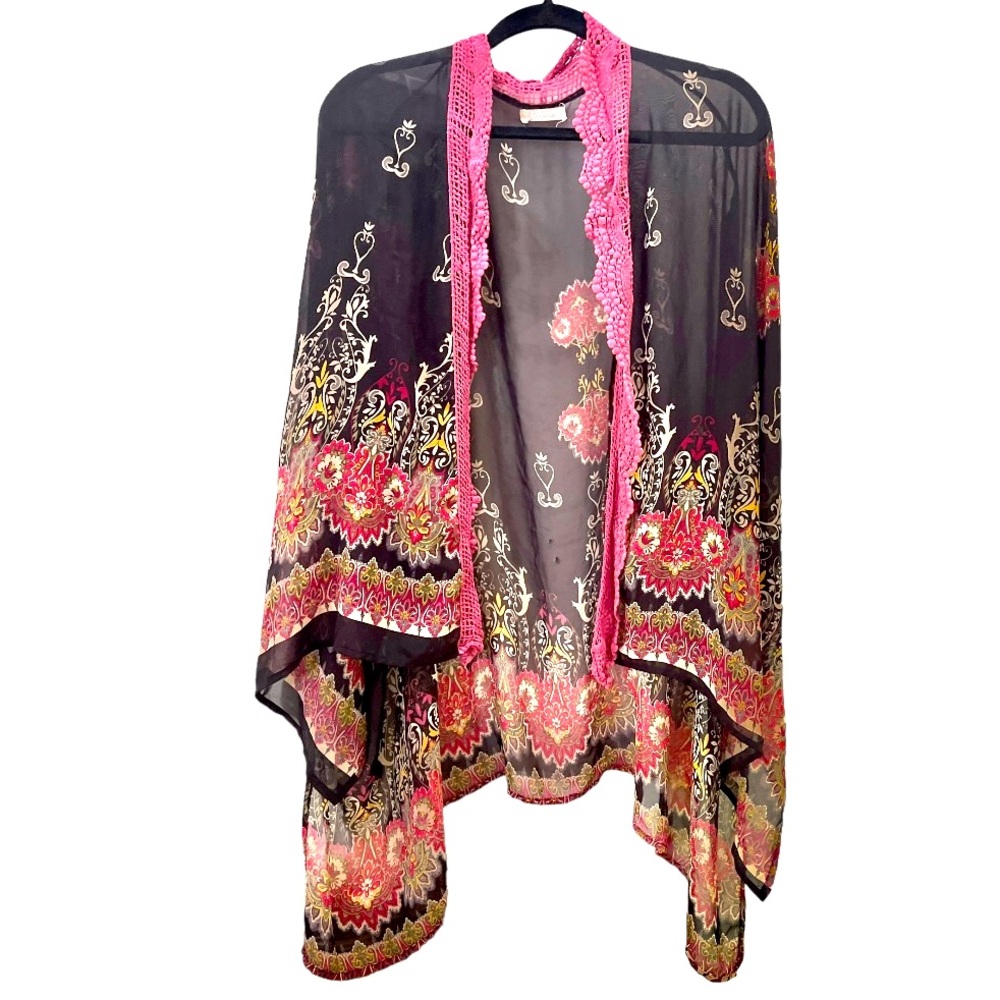 Black Semi Sheer‎ Ruana Cardigan Top With Pink Lace Trim